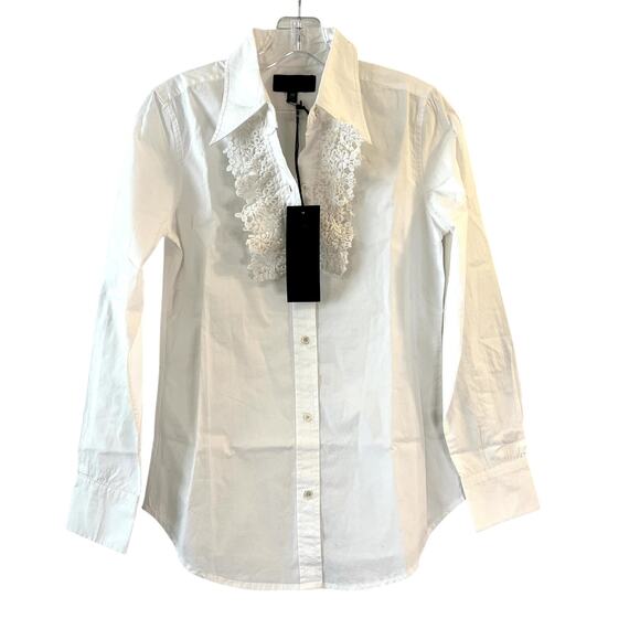 Nili Lotan Reina Crochet Trim White Cotton Poplin Shirt XS NWT India - Picture 3 of 10